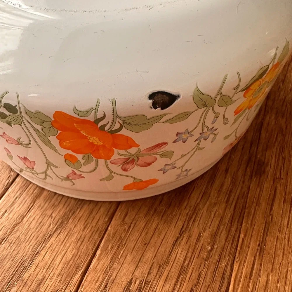 Vintage Enamel Floral Saucepan Unisex 7in Wood Handle White Orange 1970s Kitchen